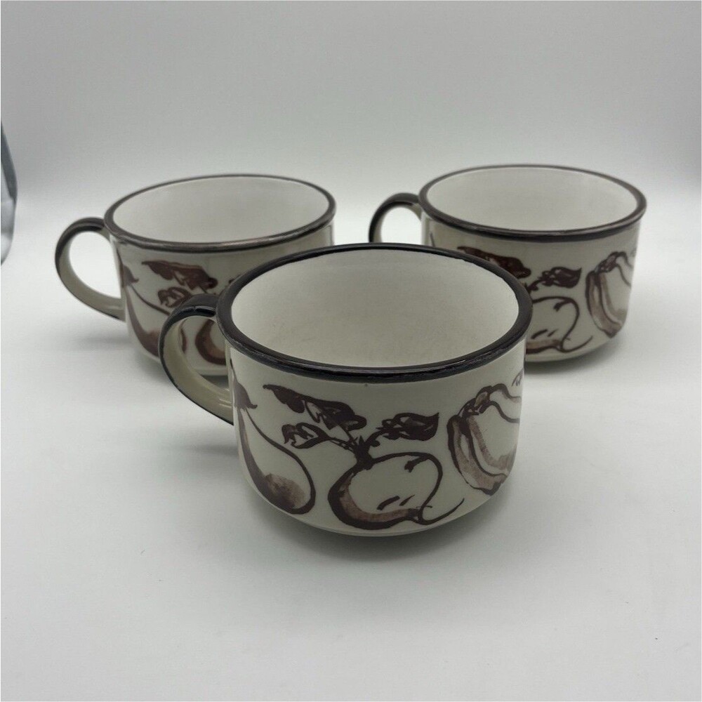 Vintage Ceramic Mug Set of 3, Cream and Brown with Vegetables